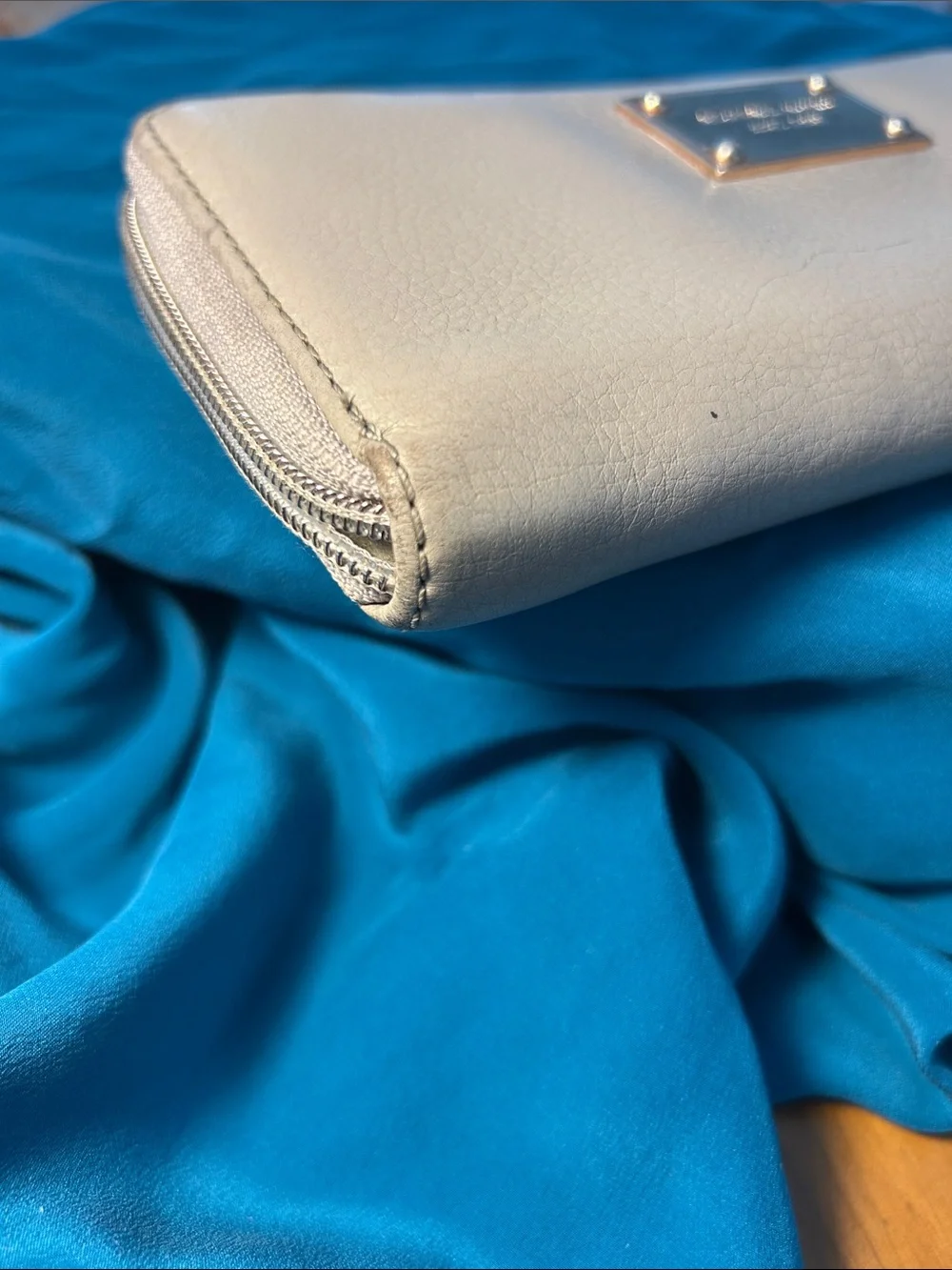 Michael Kors Cream Pebbled Leather Zip-Around Wallet with Gold Plate